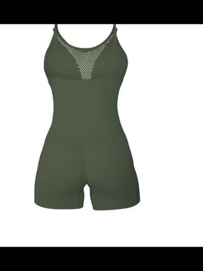 New  . Women's Olive Green Mesh-Front Romper Jumpsuit